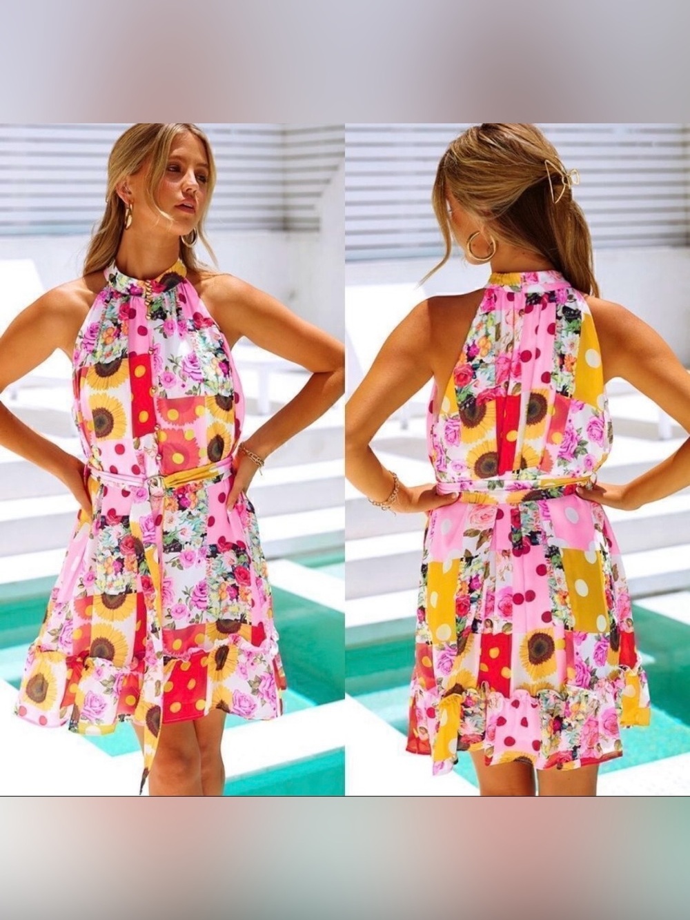 Floral Patchwork Halter Sundress - Pink, Yellow Large NWOT